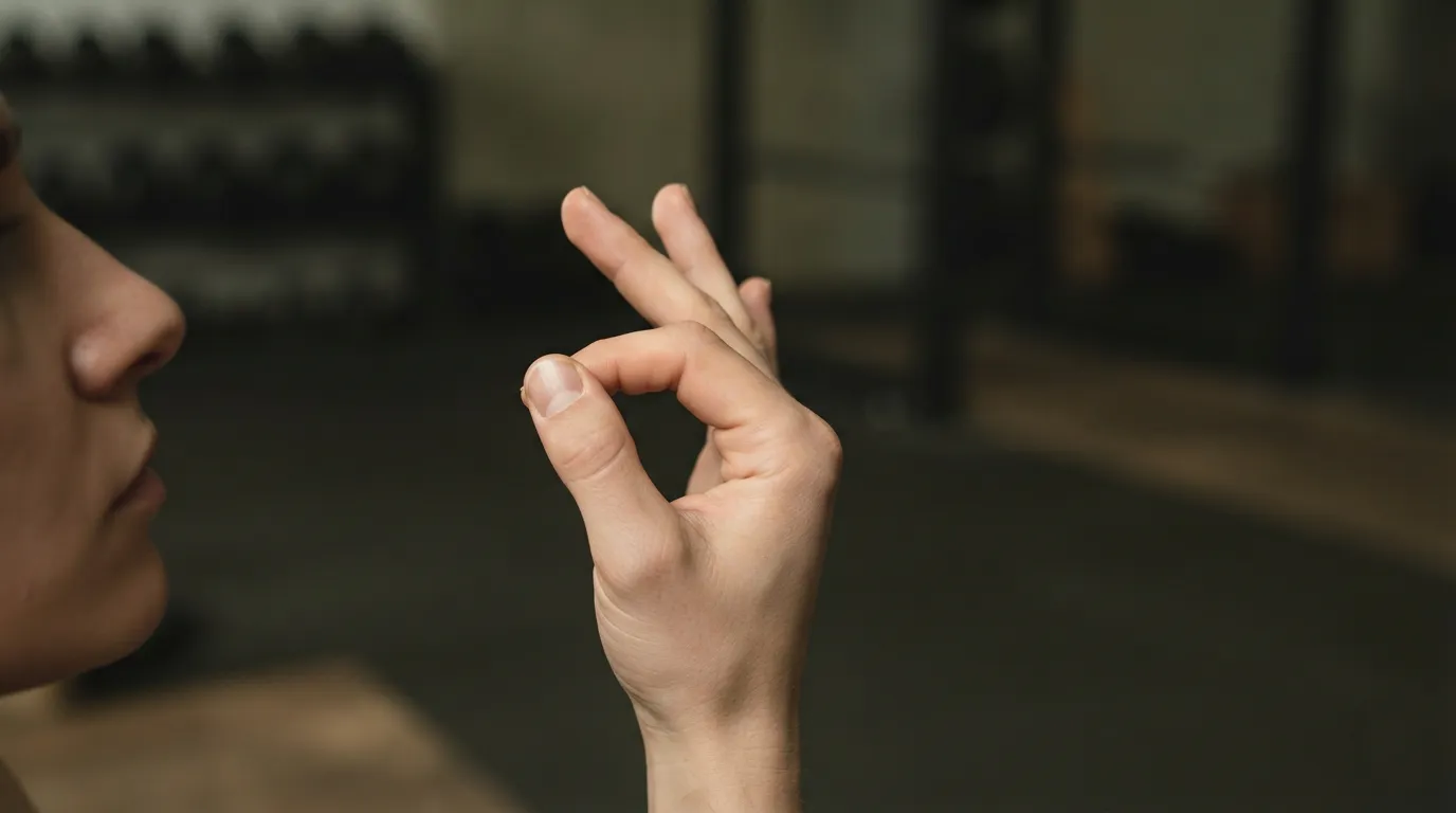 Meditation and prana: close-up of a hand in the alternate nostril breathing position, soft natural light.
