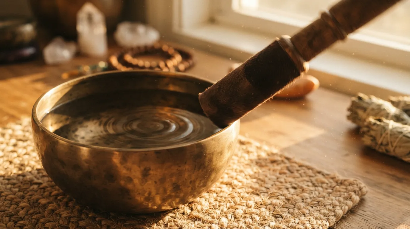Sound healing: close-up of a mallet striking the rim of a singing bowl, motion blur, warm afternoon light.