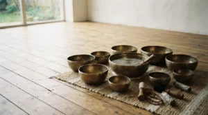 A cluster of brass singing bowls arranged on a wooden floor, soft diffused light.