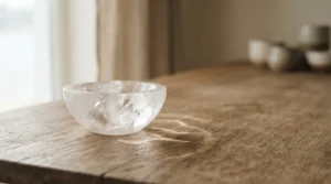 A clear quartz crystal bowl catching soft light on a wooden table.