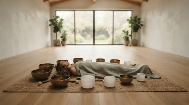 A person lying down on a mat surrounded by singing bowls arranged nearby, soft warm light.