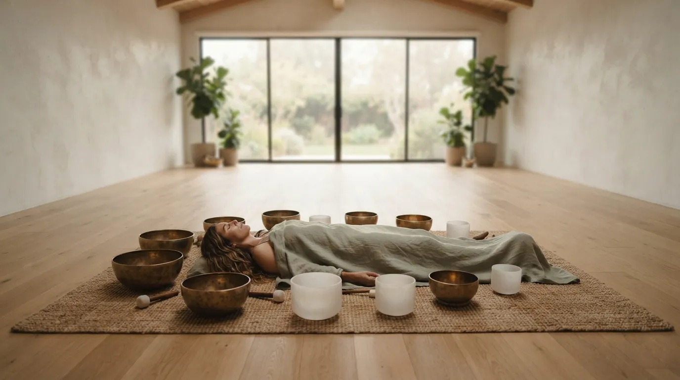 A person lying down on a mat surrounded by singing bowls arranged nearby, soft warm light.