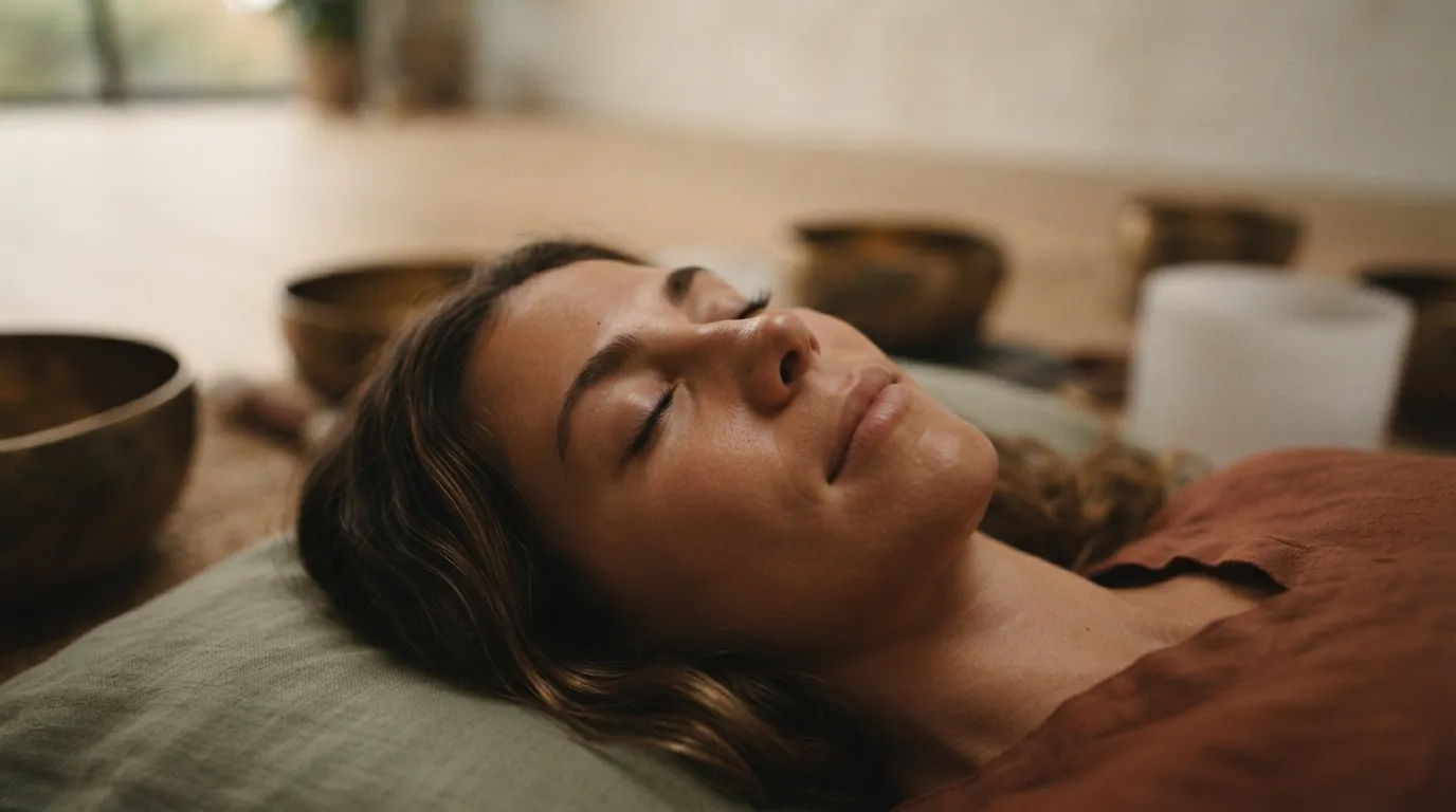 Sound bath benefits: close-up of a person's relaxed face, eyes closed, lying down, soft warm ambient light.
